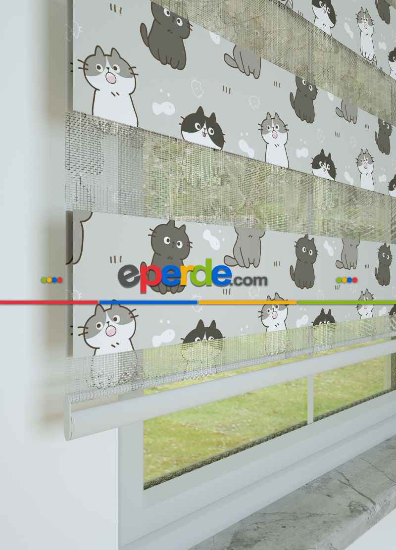 Gri Kedi Desenli Baskılı Zebra Perde