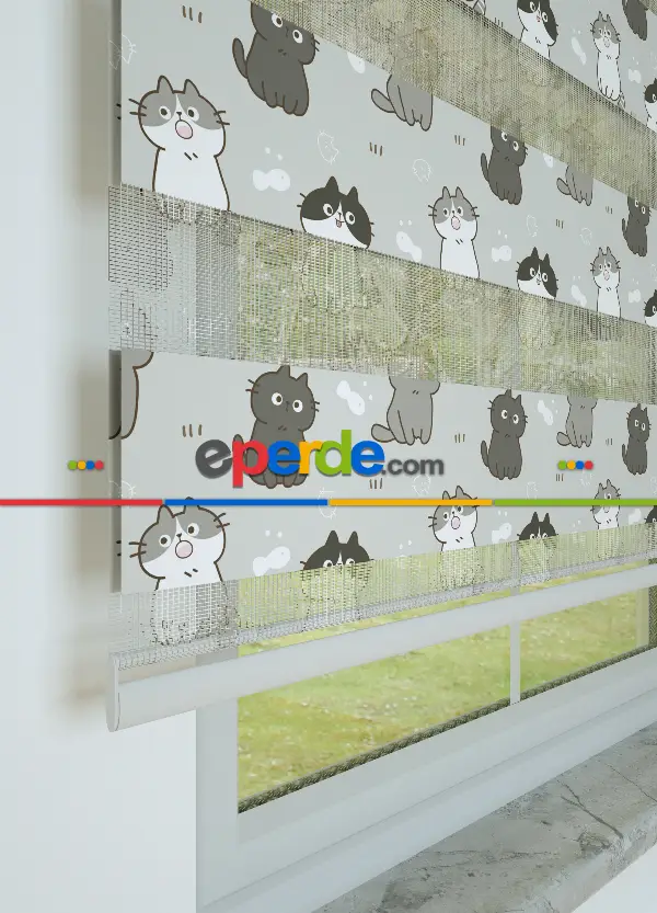 Çocuk Odası - Gri Kedi Desenli Baskılı Zebra Perde