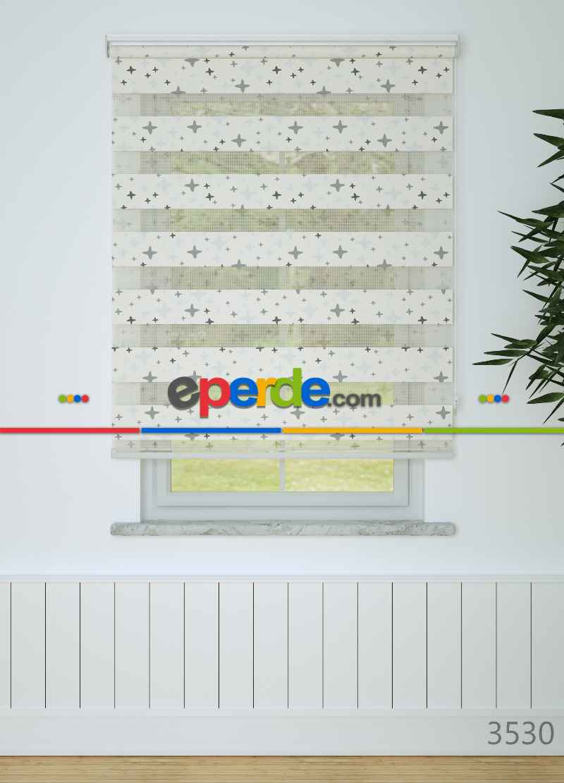 Gri Artı Desenli Baskılı Zebra Perde