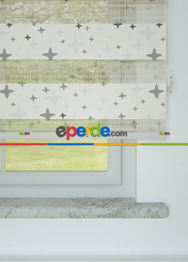 Bebek Odası - Gri Artı Desenli Baskılı Zebra Perde