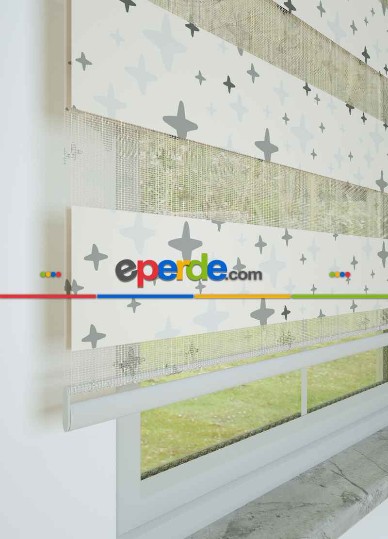 Gri Artı Desenli Baskılı Zebra Perde