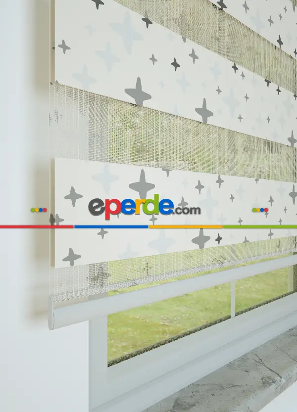 Bebek Odası - Gri Artı Desenli Baskılı Zebra Perde