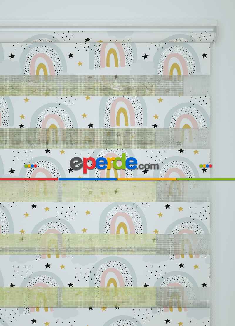 Çocuk Odası - Mavi Pembe Gökkuşağı Desenli Baskılı Zebra Perde