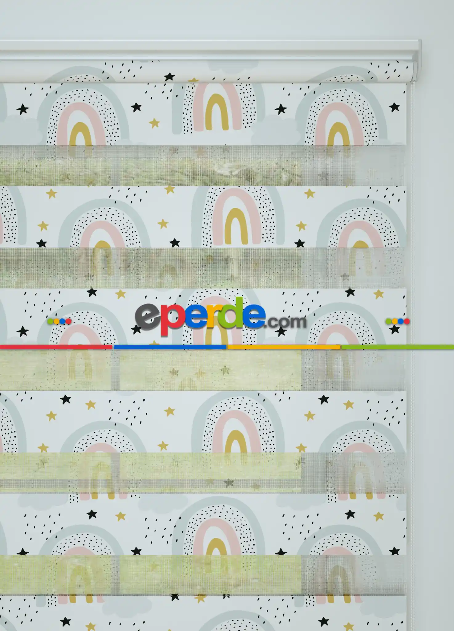 Çocuk Odası - Mavi Pembe Gökkuşağı Desenli Baskılı Zebra Perde