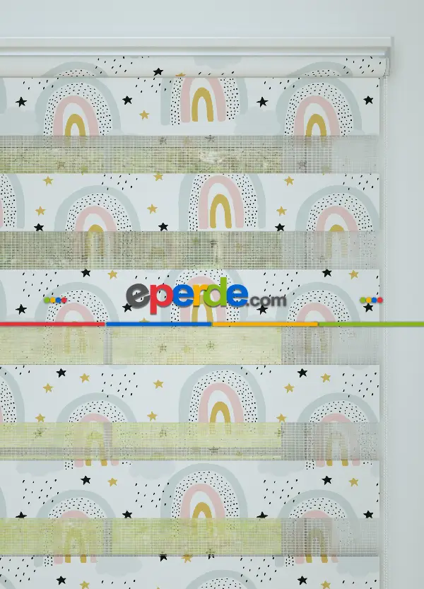 Mavi Pembe Gökkuşağı Desenli Baskılı Zebra Perde