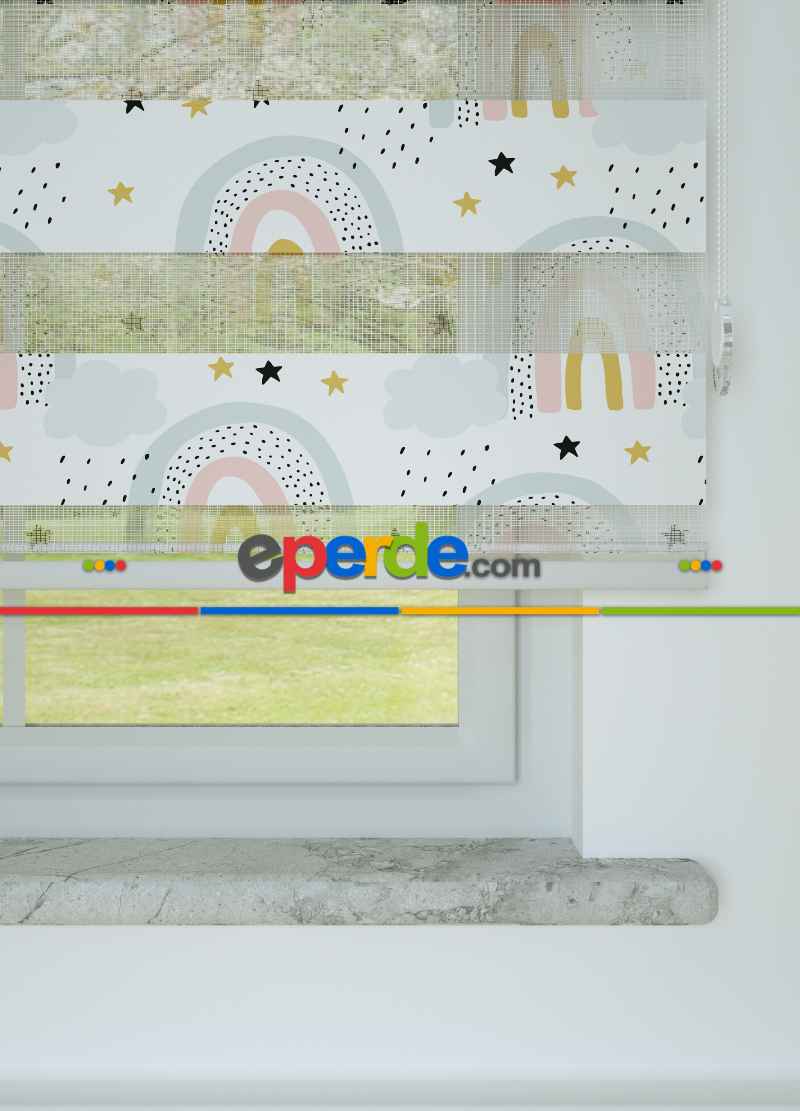 Çocuk Odası - Mavi Pembe Gökkuşağı Desenli Baskılı Zebra Perde