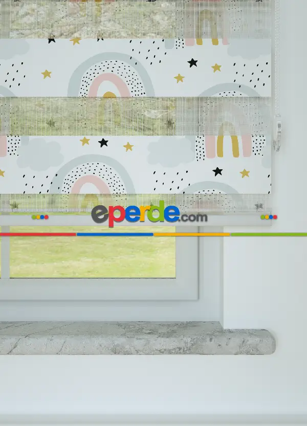 Mavi Pembe Gökkuşağı Desenli Baskılı Zebra Perde