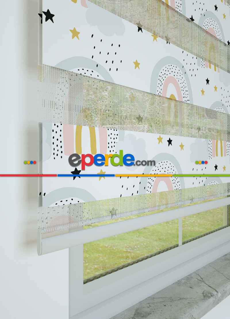 Çocuk Odası - Mavi Pembe Gökkuşağı Desenli Baskılı Zebra Perde