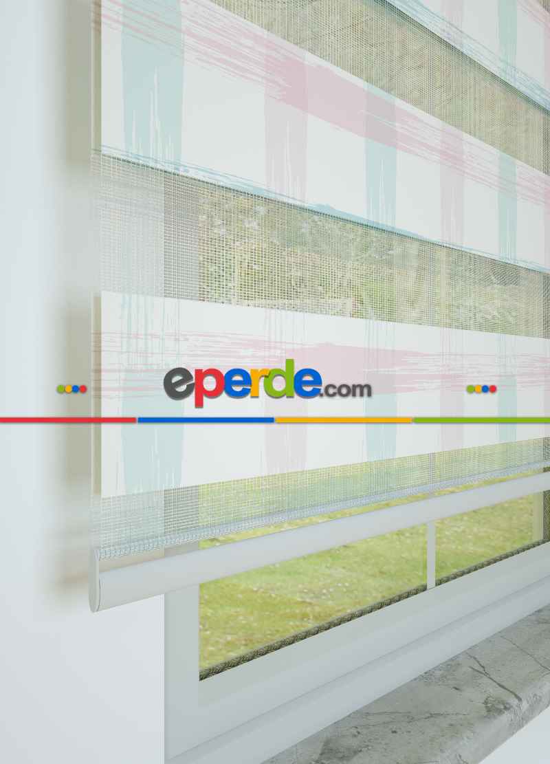 Bebek Odası - Pembe Mavi Modern Desenli Baskılı Zebra Perde