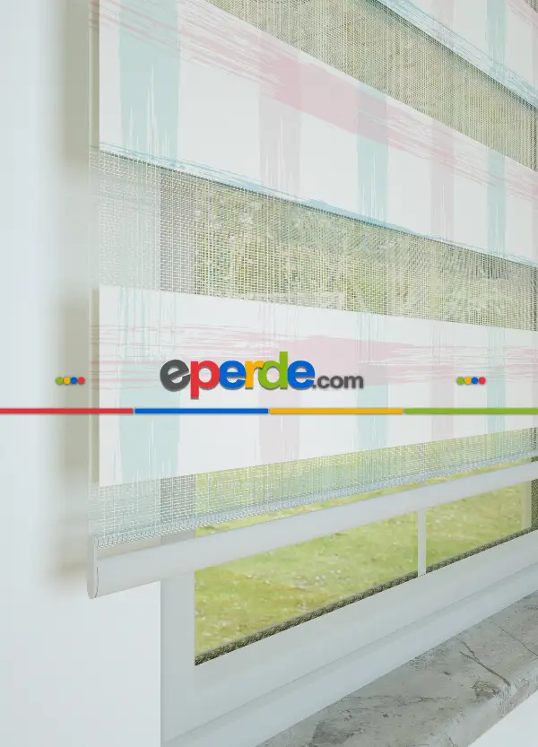 Pembe Mavi Modern Desenli Baskılı Zebra Perde