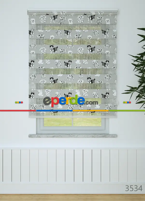 Çocuk Odası - Gri Köpek Desenli Baskılı Zebra Perde