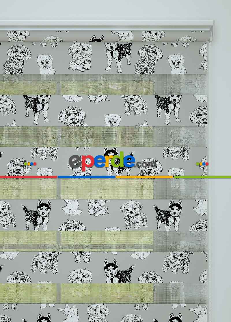 Çocuk Odası - Gri Köpek Desenli Baskılı Zebra Perde