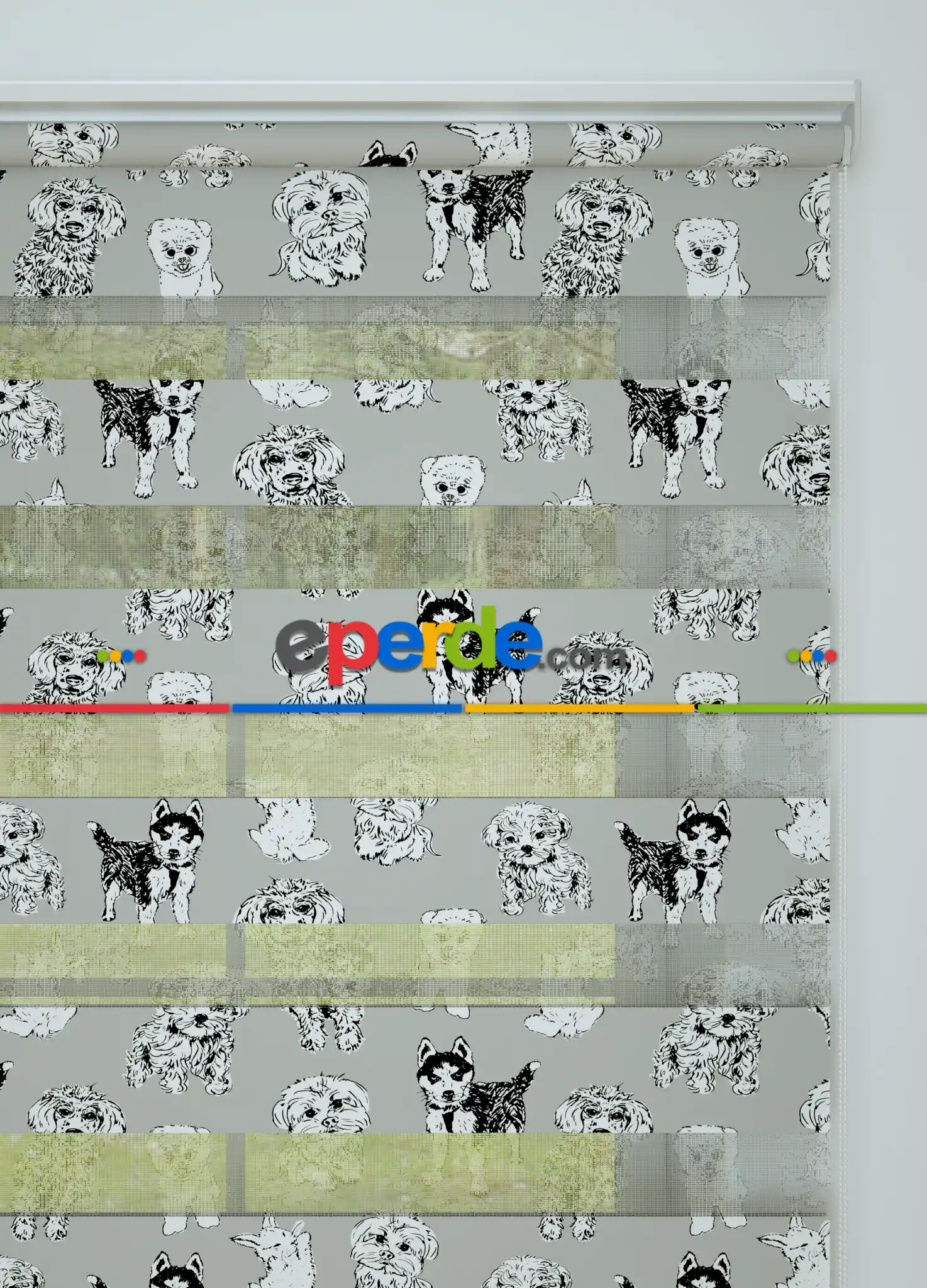 Çocuk Odası - Gri Köpek Desenli Baskılı Zebra Perde