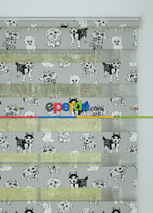 Çocuk Odası - Gri Köpek Desenli Baskılı Zebra Perde