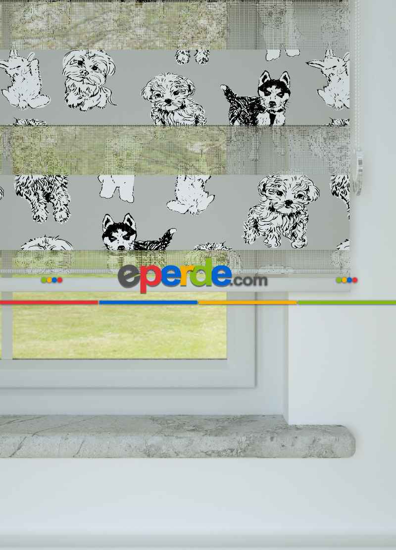 Çocuk Odası - Gri Köpek Desenli Baskılı Zebra Perde