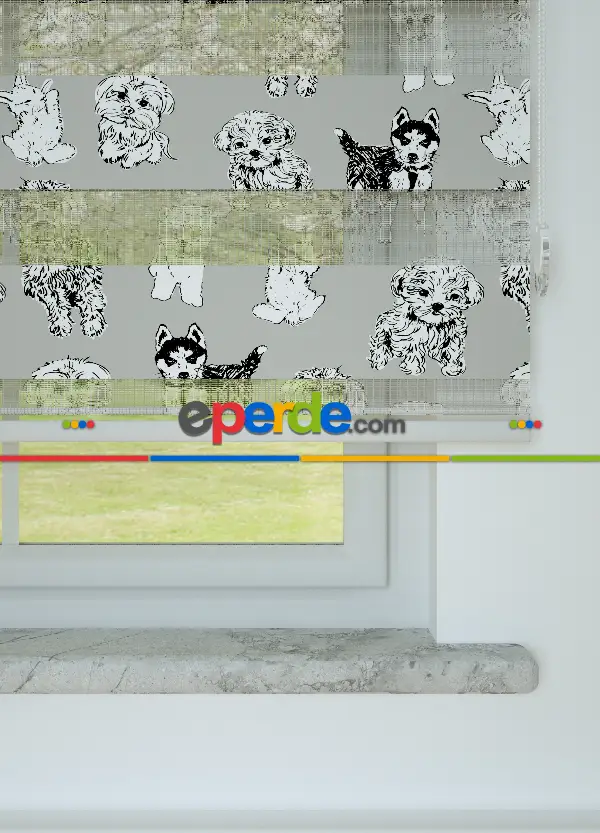 Çocuk Odası - Gri Köpek Desenli Baskılı Zebra Perde