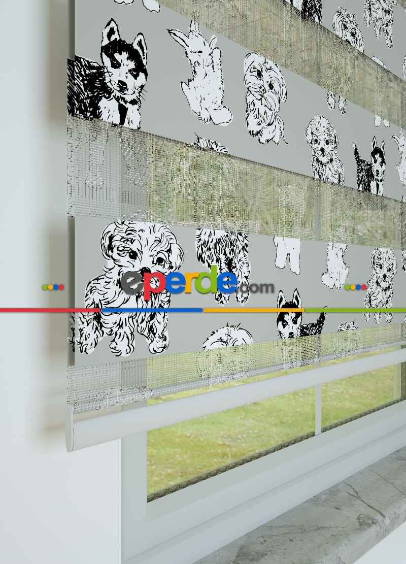 Çocuk Odası - Gri Köpek Desenli Baskılı Zebra Perde