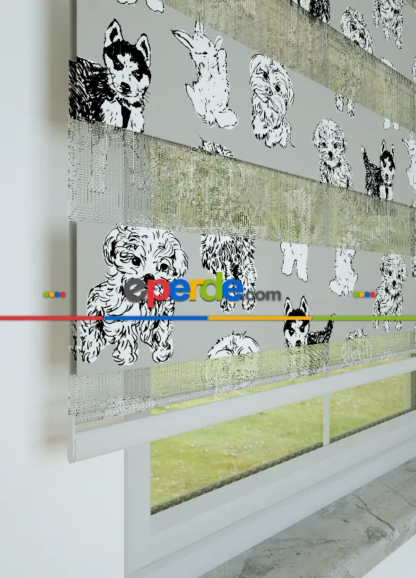 Çocuk Odası - Gri Köpek Desenli Baskılı Zebra Perde