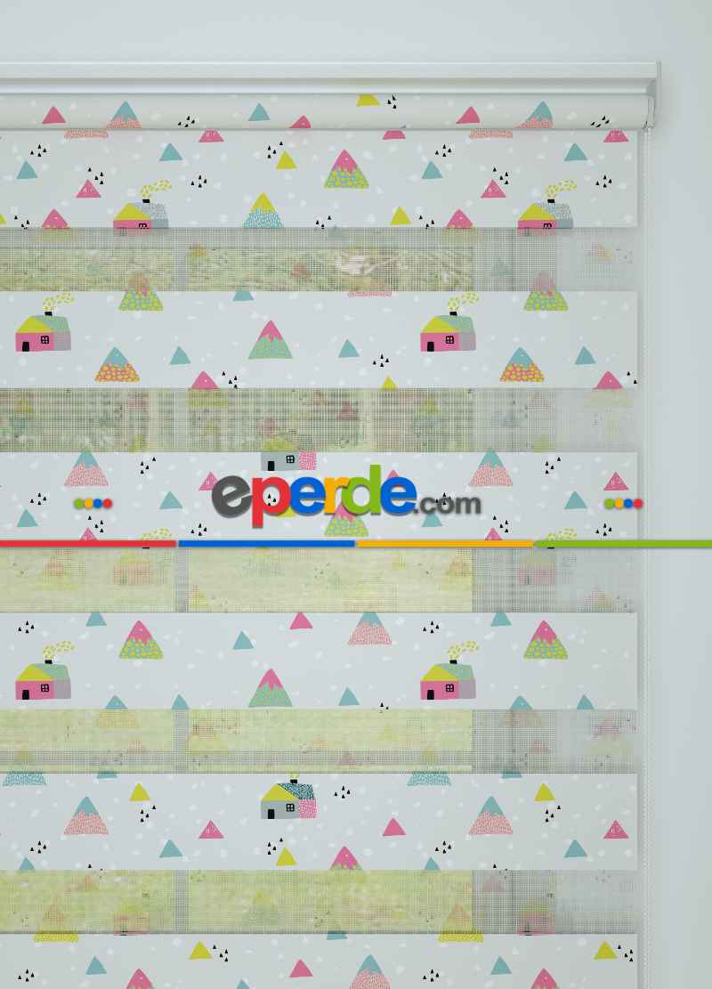 Pembe Yeşil Dağ Desenli Baskılı Zebra Perde