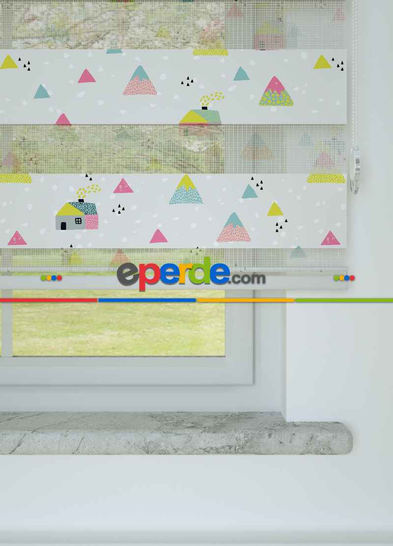 Pembe Yeşil Dağ Desenli Baskılı Zebra Perde