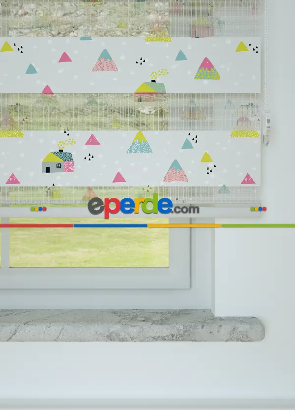 Bebek Odası - Pembe Yeşil Dağ Desenli Baskılı Zebra Perde