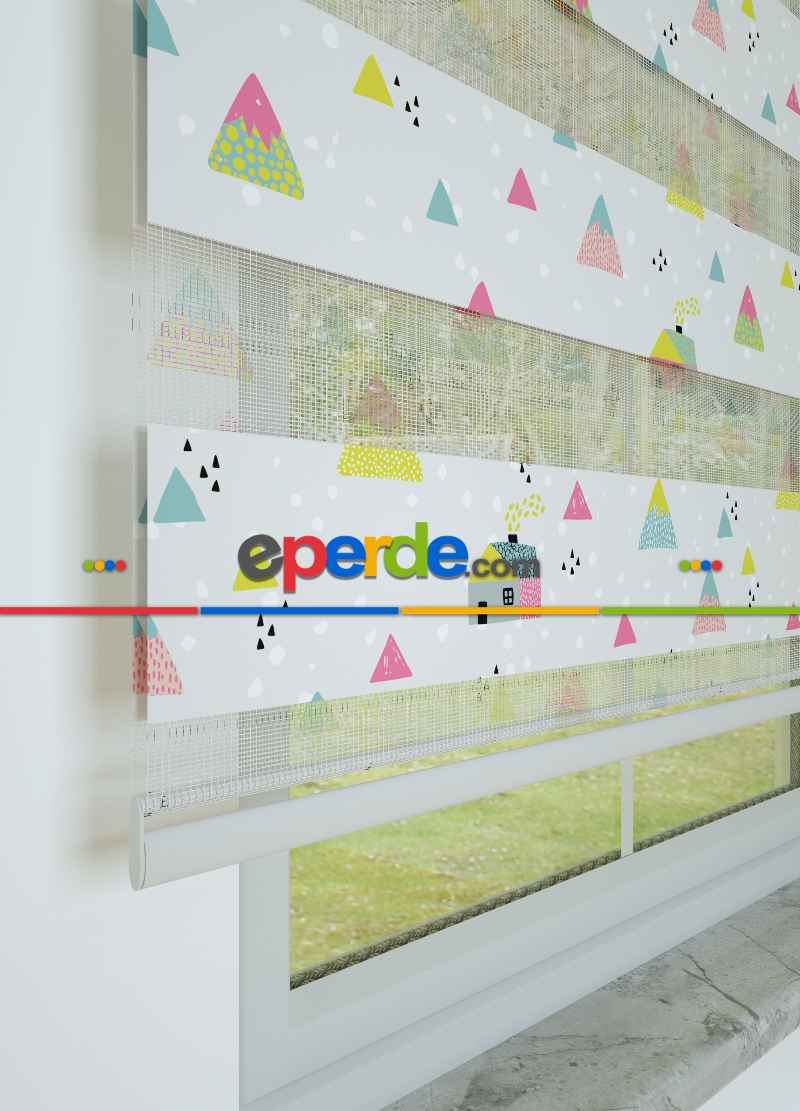 Pembe Yeşil Dağ Desenli Baskılı Zebra Perde