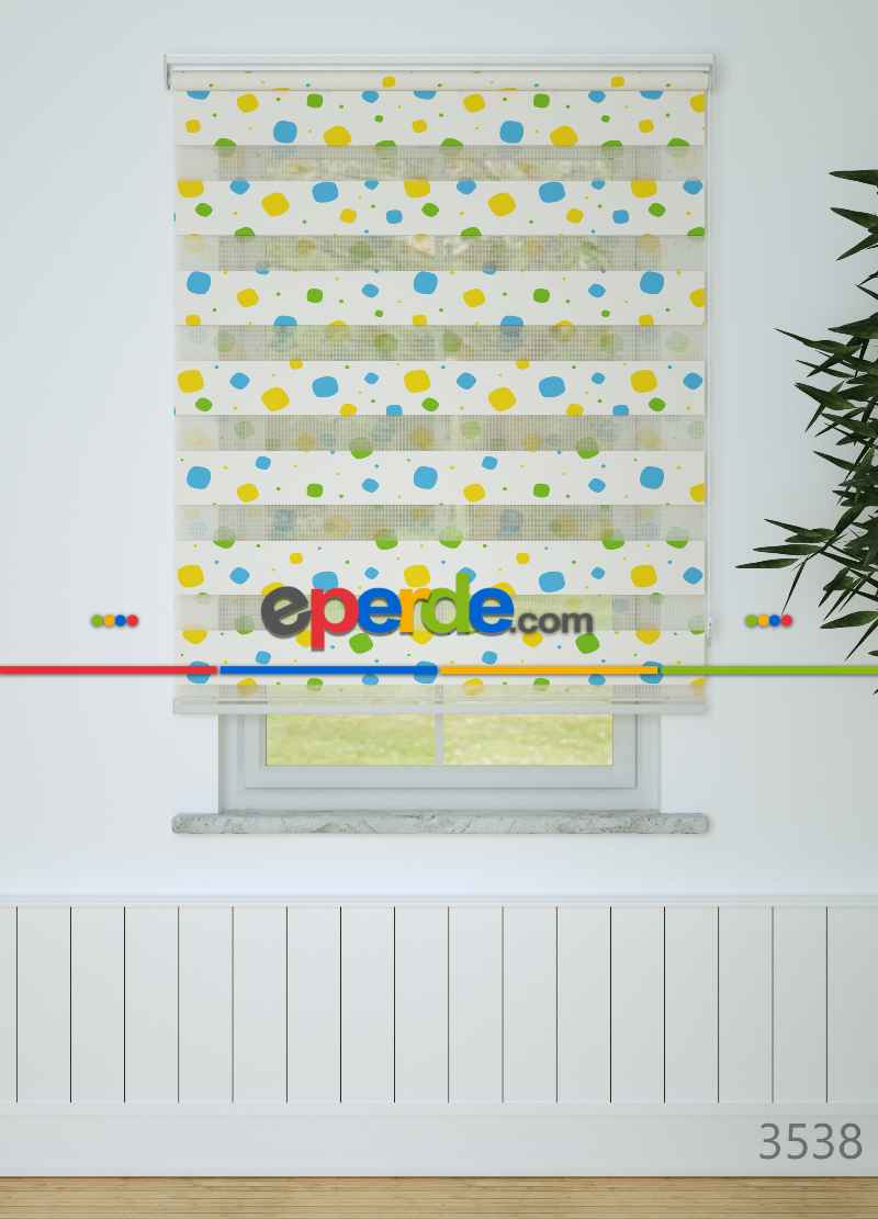 Mavi Yeşil Geometrik Desenli Baskılı Zebra Perde