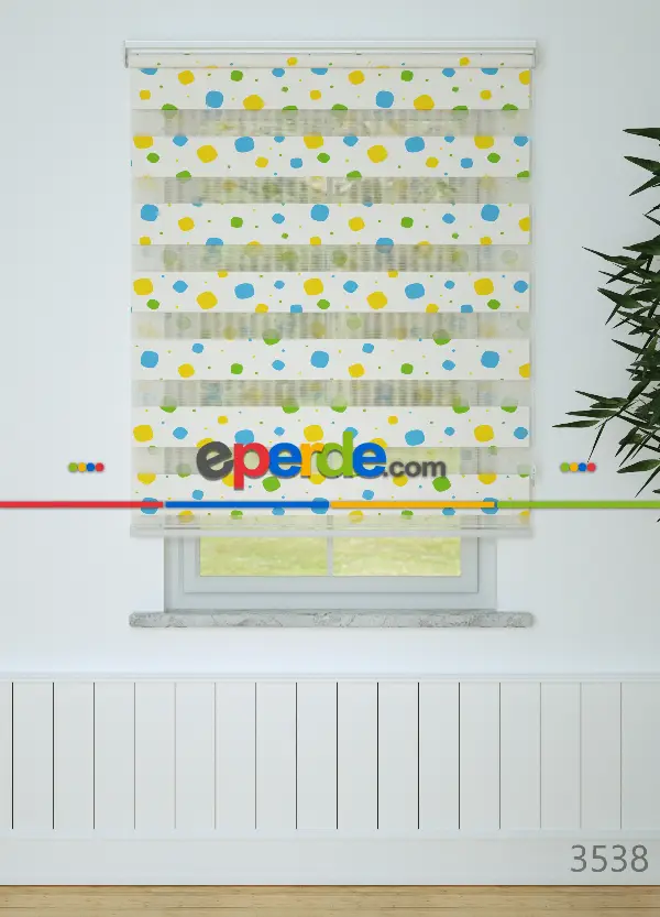 Mavi Yeşil Geometrik Desenli Baskılı Zebra Perde