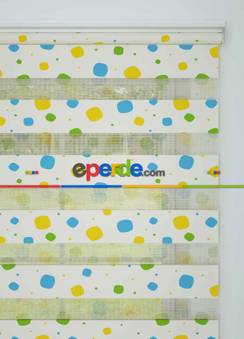 Mavi Yeşil Geometrik Desenli Baskılı Zebra Perde