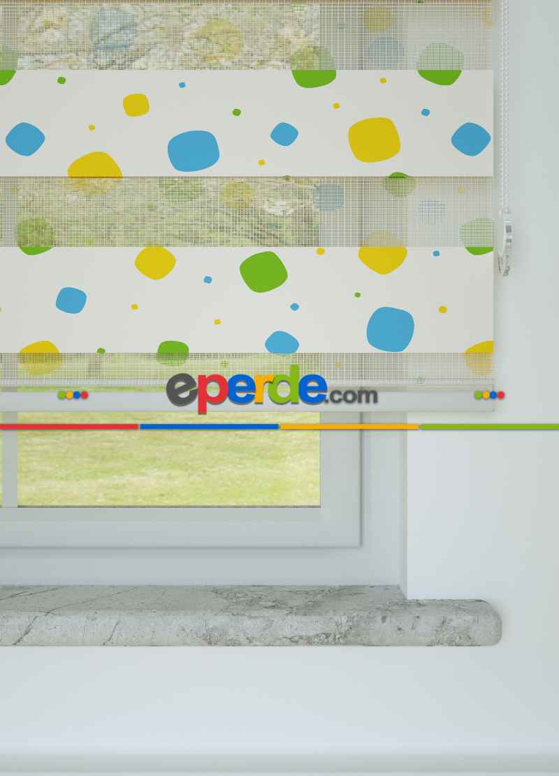 Mavi Yeşil Geometrik Desenli Baskılı Zebra Perde