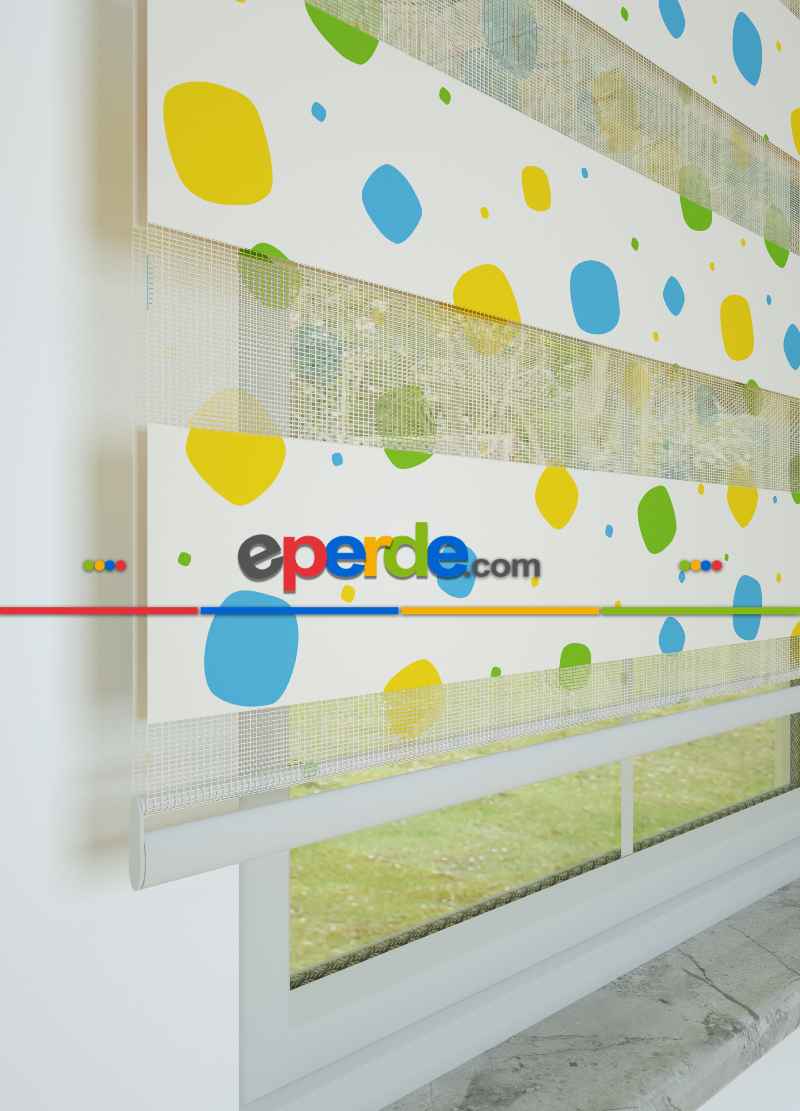 Mavi Yeşil Geometrik Desenli Baskılı Zebra Perde