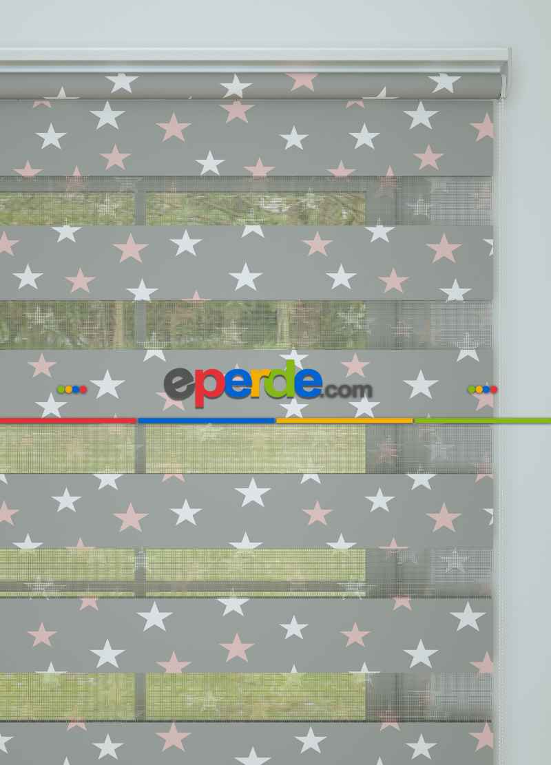 Çocuk Odası - Gri Pembe Yıldız Desenli Baskılı Zebra Perde