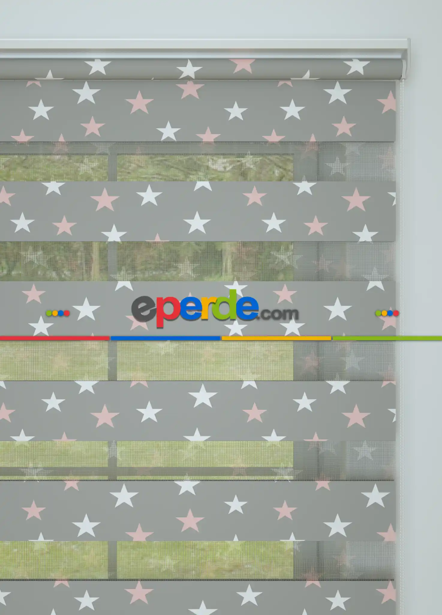 Bebek Odası - Gri Pembe Yıldız Desenli Baskılı Zebra Perde