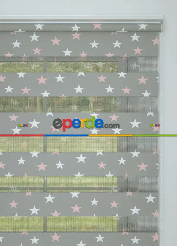 Bebek Odası - Gri Pembe Yıldız Desenli Baskılı Zebra Perde