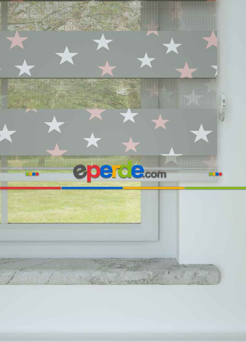 Çocuk Odası - Gri Pembe Yıldız Desenli Baskılı Zebra Perde