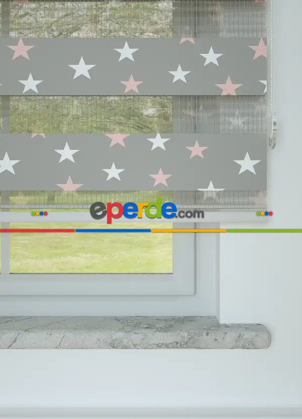 Bebek Odası - Gri Pembe Yıldız Desenli Baskılı Zebra Perde