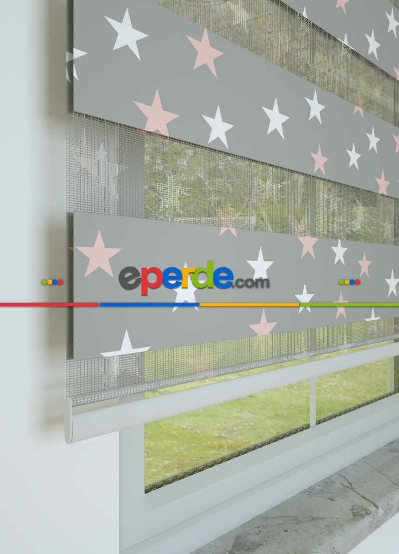 Çocuk Odası - Gri Pembe Yıldız Desenli Baskılı Zebra Perde