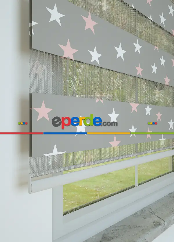 Bebek Odası - Gri Pembe Yıldız Desenli Baskılı Zebra Perde