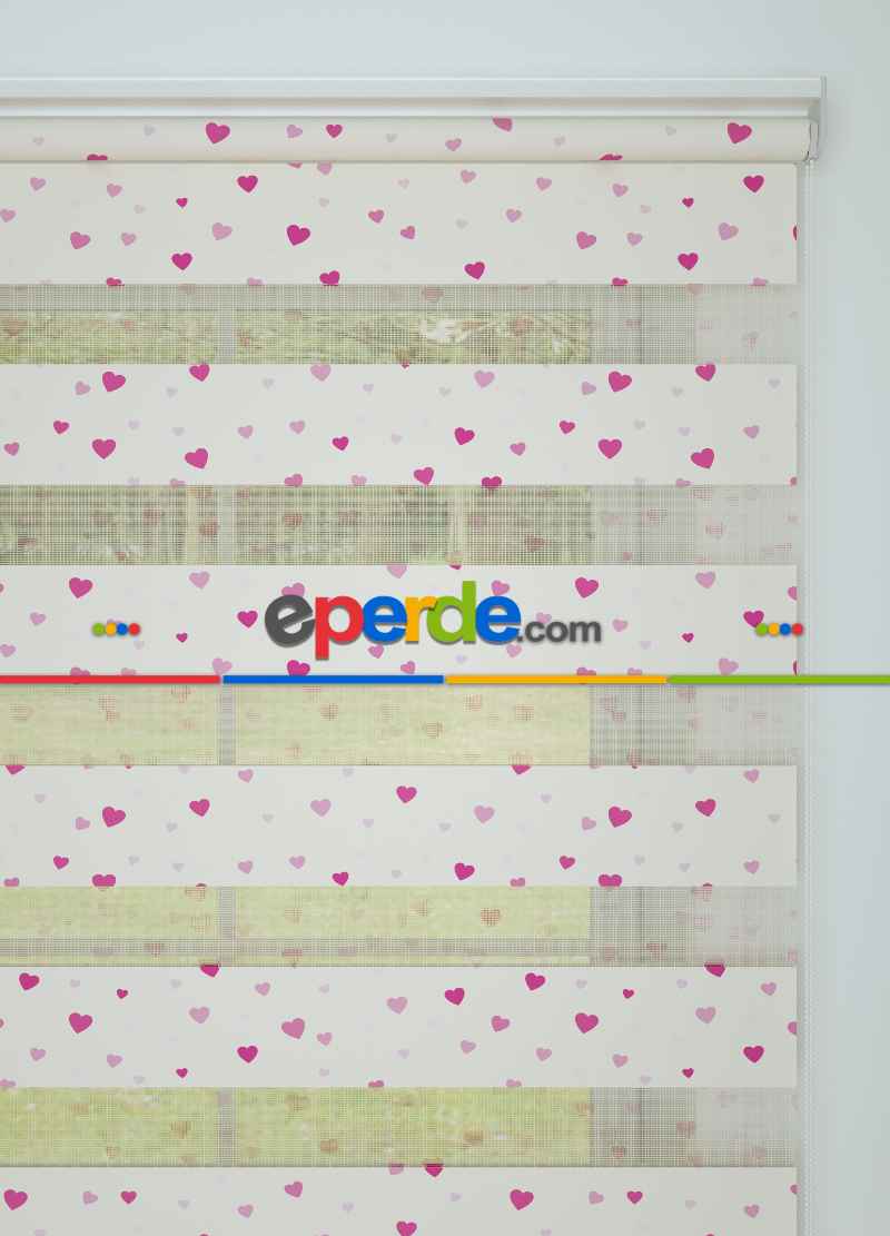 Pembe Minik Kalp Desenli Baskılı Zebra Perde