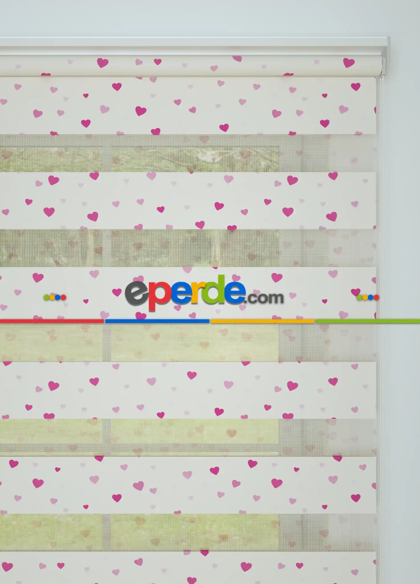 Pembe Minik Kalp Desenli Baskılı Zebra Perde