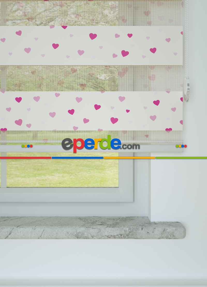 Pembe Minik Kalp Desenli Baskılı Zebra Perde