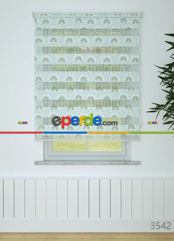 Bebek Odası - Mint Mavi Gökkuşağı Desenli Baskılı Zebra Perde