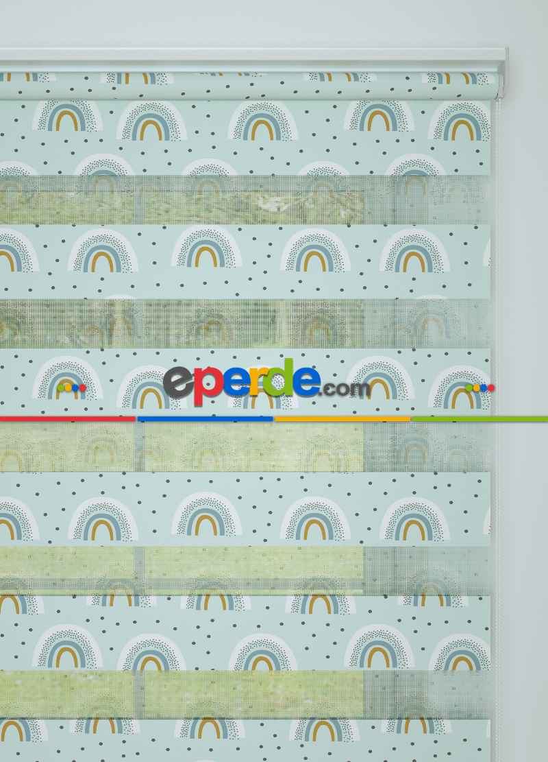 Bebek Odası - Mint Mavi Gökkuşağı Desenli Baskılı Zebra Perde