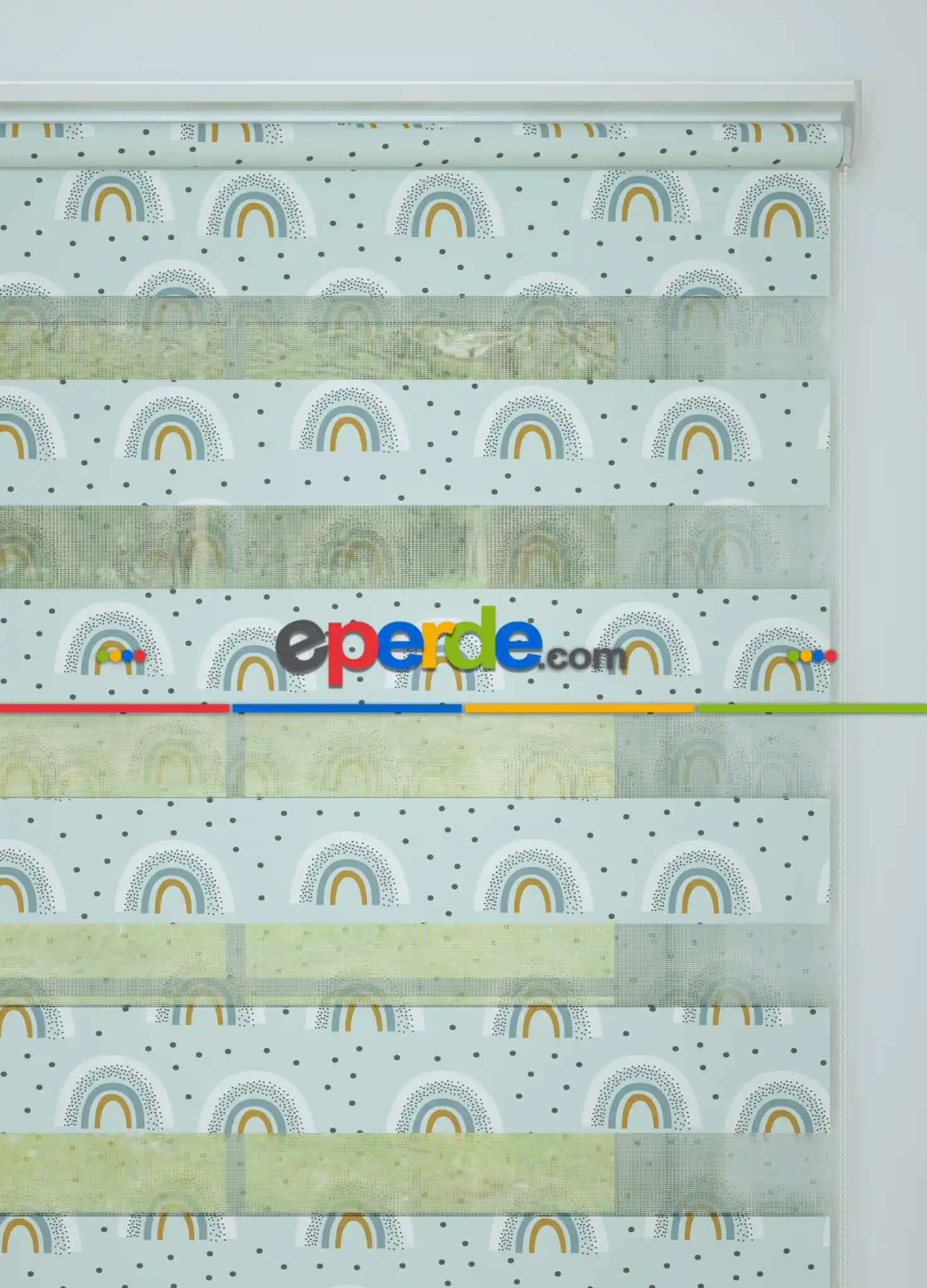Bebek Odası - Mint Mavi Gökkuşağı Desenli Baskılı Zebra Perde