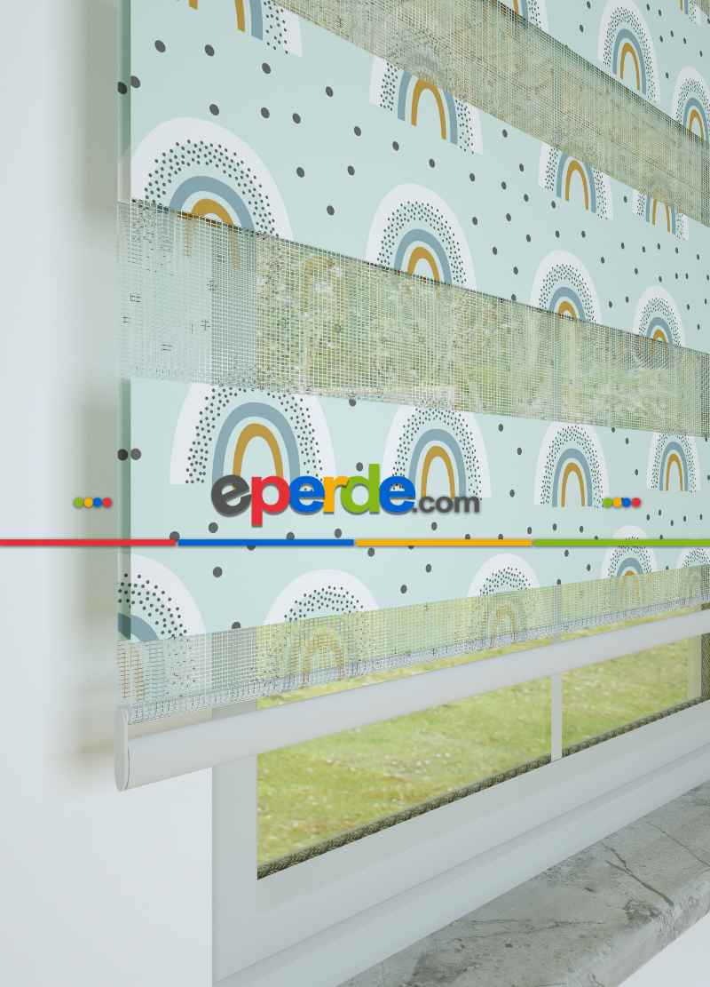 Bebek Odası - Mint Mavi Gökkuşağı Desenli Baskılı Zebra Perde