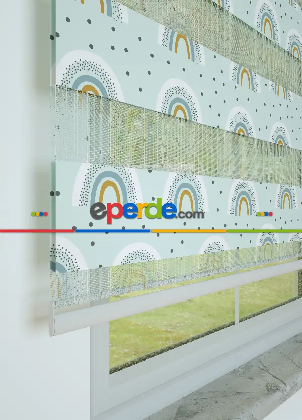 Bebek Odası - Mint Mavi Gökkuşağı Desenli Baskılı Zebra Perde