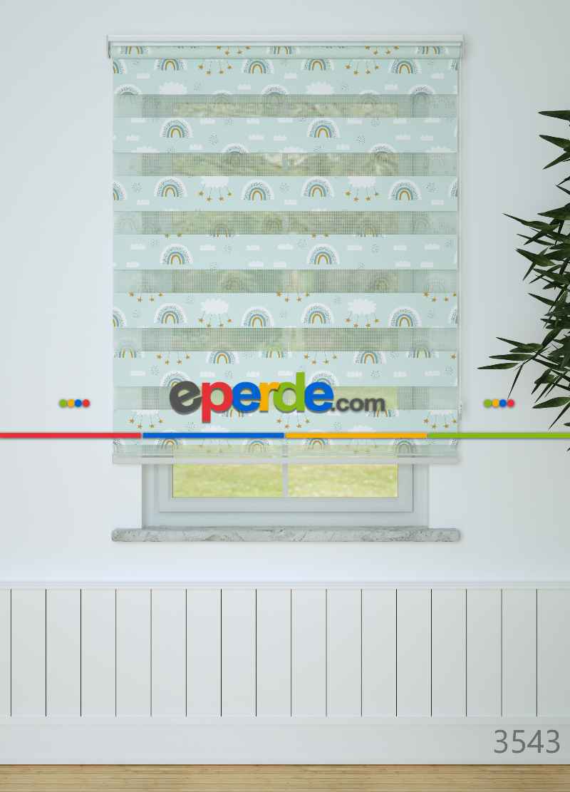 Mint Gökkuşağı Ve Bulut Desenli Baskılı Zebra Perde