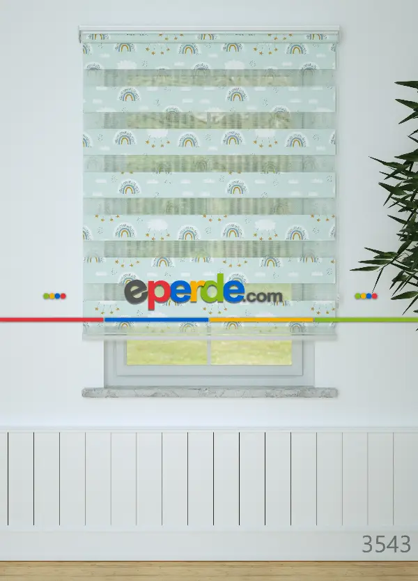 Bebek Odası - Mint Gökkuşağı Ve Bulut Desenli Baskılı Zebra Perde
