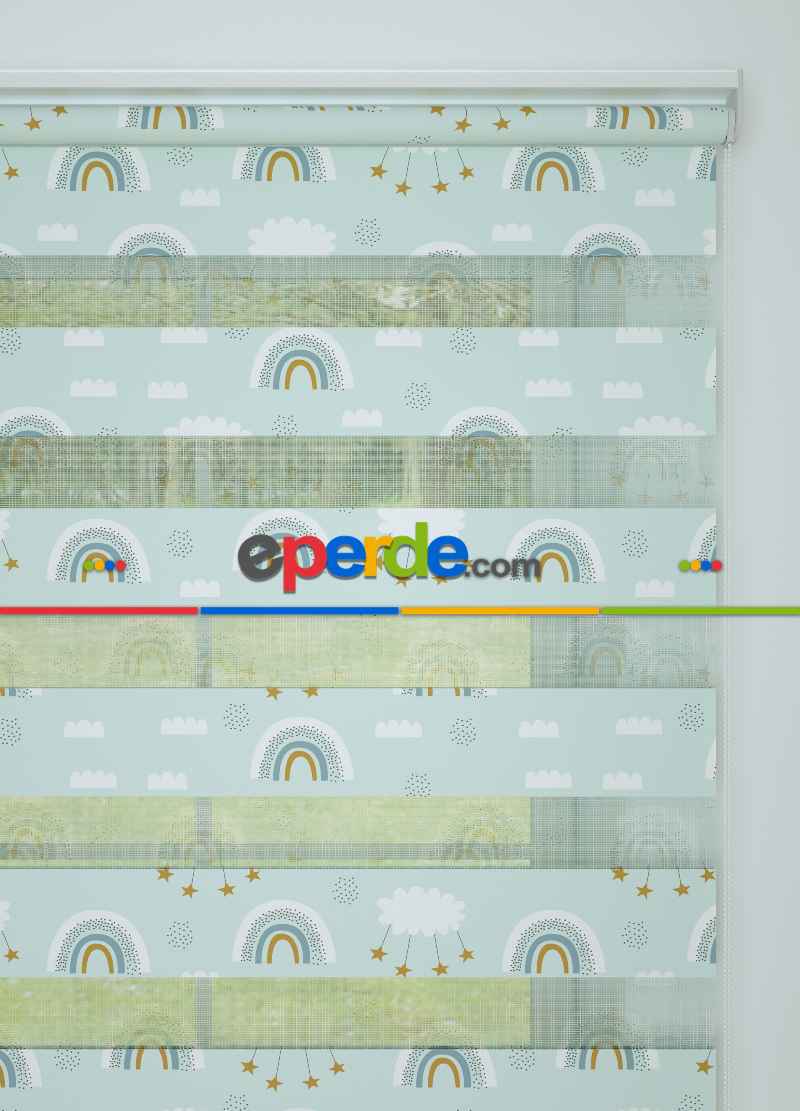 Mint Gökkuşağı Ve Bulut Desenli Baskılı Zebra Perde