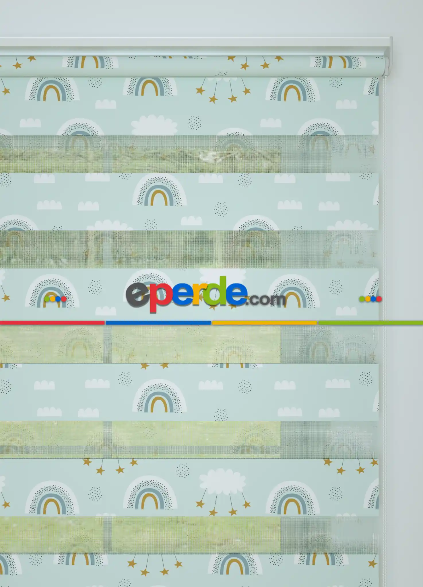 Bebek Odası - Mint Gökkuşağı Ve Bulut Desenli Baskılı Zebra Perde